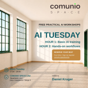 AI Tuesday at Comunio Space - Tue, Oct 27, 2026, 19:30 at Tabakfabrik, Peter-Behrens-Platz 1-15, 4020 Linz, Österreich