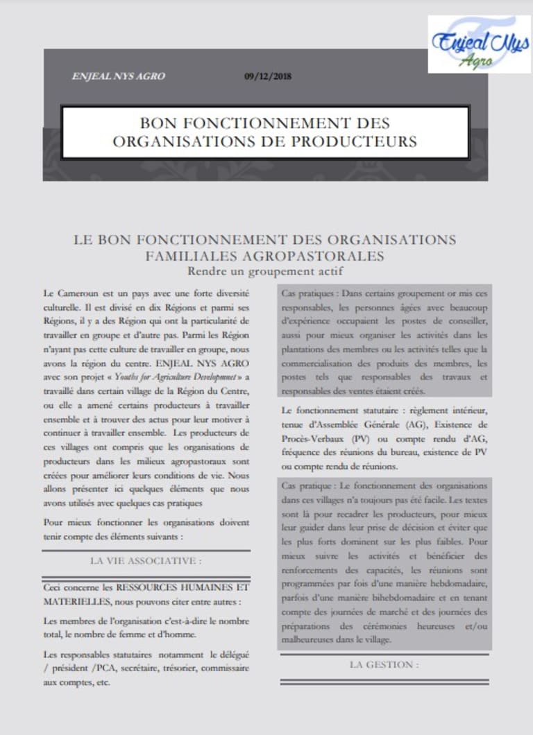 le bon fonctionnement des ORGANISATIONS FAMILIALES AGROPASTORALES