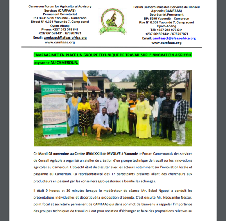 CAMFAAS MET EN PLACE UN GROUPE TECHNIQUE DE TRAVAIL SUR L’INNOVATION AGRICOLE paysanne AU CAMEROUN.