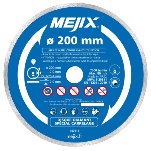 Disque diamant 200 mm avec bague de réduction 25,4/22,2 mm MEJIX 180015 photo du produit