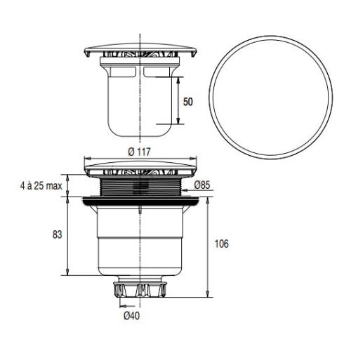 Bonde de receveur à capot métal rond 90mm pour douche D60 sortie horizontale - VALENTIN - 00 566000 000 00 pas cher Secondaire 1 L