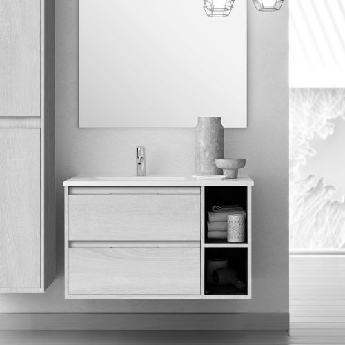 Meuble de salle de bain 80cm vasque déportée 2 tiroirs et 2 niches sans miroir OLYMPE hibernian (bois blanchi) - COSYNEO - VENOLYMPE80HIBB pas cher