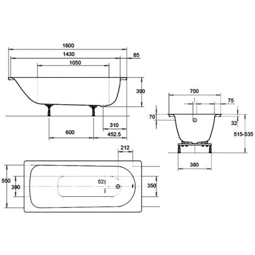 Baignoire 2 trou EUROWA 311 avec &eacute;maillage antid&eacute;rapant 160x70 - KALDEWEI - 1197-2007-0001 pas cher Secondaire 1 L