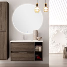 Meuble de salle de bain Cosynéo vasque déportée à 2 tiroirs OLYMPE et miroir rond Led SOLEN 80 cm photo du produit Principale M