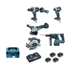 Pack de 5 machines 18V Makita (DTD154 + DGA506 + DHR243 + DHS680 + DHP481) + 4 batteries + MAKPAC - DLX5038PTJ photo du produit Principale M