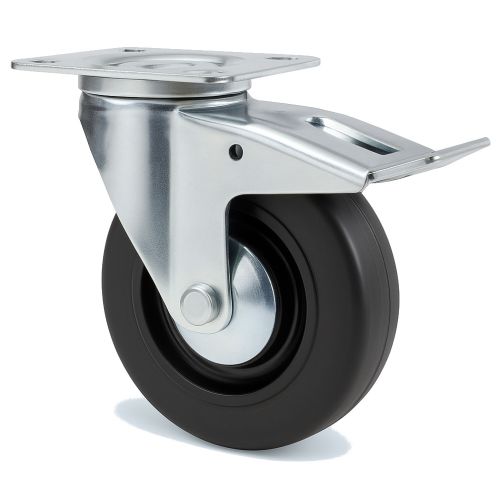Roulette Portroll et Manuroll caoutchouc noir à platine pivotante + frein 100mm - GUITEL HERVIEU - 601042 pas cher