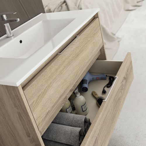 Meuble de salle de bain simple vasque 2 tiroirs IRIS et miroir rond Led SOLEN cambrian (ch&ecirc;ne) 80cm - COSYNEO - SIRIRIS80SOLENCAM pas cher Secondaire 1 L