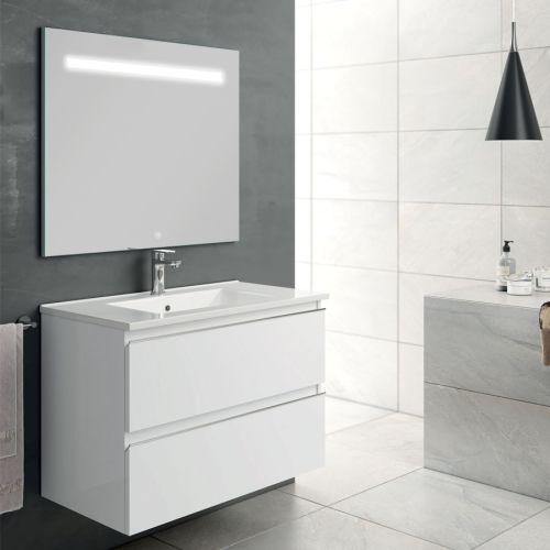Meuble de salle de bain simple vasque 2 tiroirs BALEA et miroir Led STAM blanc 100cm - COSYNEO - INGBALEA100STAMBLA pas cher