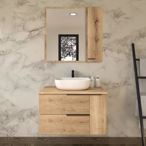 Meuble de salle de bain KING 80cm avec vasque Zeus - 2 tiroirs et un placard et miroir armoirette roble - COSYNEO - REICENTREKING80ZEUSA pas cher