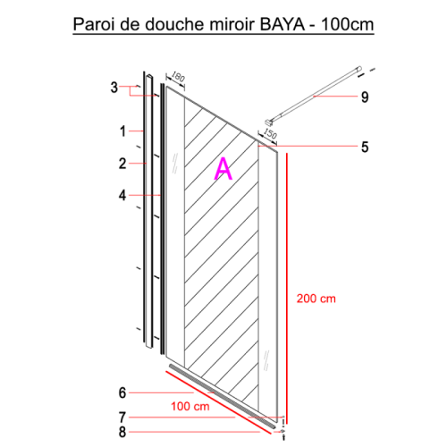 Paroi de douche fixe avec verre miroir anticalcaire BAYA 100cm - CUISIBANE - PC-I8BAY_100H pas cher Secondaire 1 L