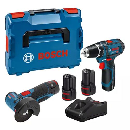 Kit de 2 outils 12V (GSR 12V-15 /GWS 12V-76) + 2 batteries 2,0Ah + chargeur GAL 12V-40 en coffret L-BOXX BOSCH 0615990N2U photo du produit