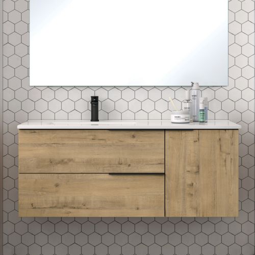 Meuble de salle de bain 120cm vasque deport&eacute;e 2 tiroirs sans miroir KING Roble (ch&ecirc;ne clair) - COSYNEO - REIDKING120ROBABB pas cher