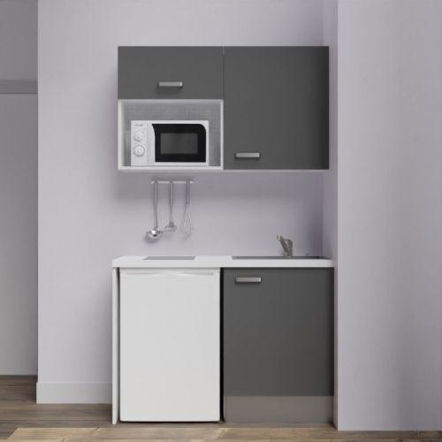 Kitchenette K07L-PT 120cm emplacement frigo et micro-ondes gris avec plan de travail blanc et cuve gris - CUISIBANE - K07G-PT120B-C54G pas cher Principale L