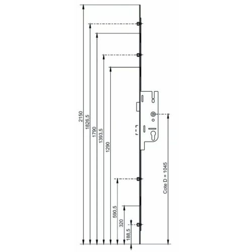 Crémone EUROPA 35/70mm têtière 16mm longueur 2150mm côte D 1045mm - FERCO - 6-33162-07-0-1 pas cher Secondaire 1 L