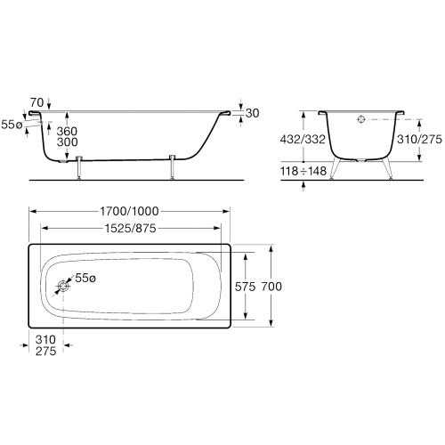 Baignoire avec pieds CONTESA 150x70cm 2 trous en acier blanc - ROCA - A236097000 pas cher Secondaire 1 L