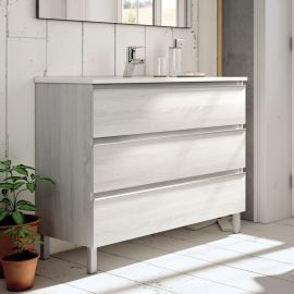 Meuble de salle de bain 100cm simple vasque 3 tiroirs sans miroir PALMA hibernian (bois blanchi) - COSYNEO - ING3CPALMA100HIBB pas cher Principale M