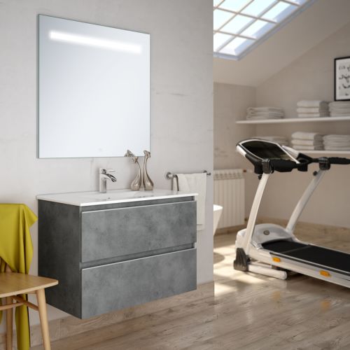 Meuble de salle de bain simple vasque 2 tiroirs BALEA et miroir Led STAM ciment (gris) 100cm - COSYNEO - INGBALEA100STAMCIM pas cher