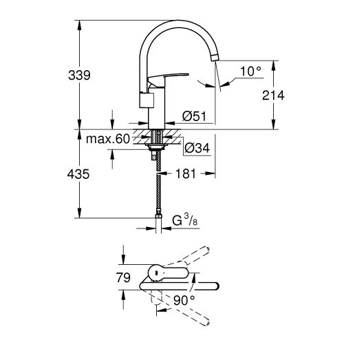 Mitigeur d'évier EUROSTYLE COSMOPOLITAN bec haut C monocommande - GROHE - 30220-002 pas cher Secondaire 1 L