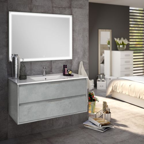 Meuble de salle de bain simple vasque 2 tiroirs IRIS et miroir Led VELDI ciment (gris) 100cm - COSYNEO - SIRIRIS100VELDICIM pas cher