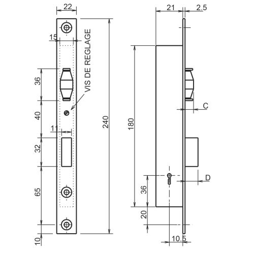 Serrure monopoint à larder profil étroit pêne dormant demi-tour et rouleau série 4 largeur 21mm clé à gorge - METALUX - F104210010 pas cher Secondaire 1 L