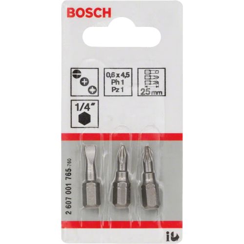 Set de 3 embouts de vissage courts 1/4'' qualité extra-dure PH1 - PZ1 - S0,6x4,5 L 25mm - BOSCH - 2607001765 pas cher Secondaire 1 L