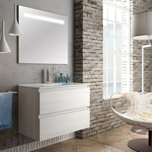 Meuble de salle de bain simple vasque 2 tiroirs BALEA et miroir Led STAM hibernian (bois blanchi) 80cm - COSYNEO - INGBALEA80STAMHIB pas cher