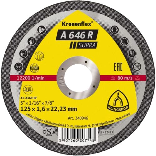 Disque &agrave; tron&ccedil;onner A 646 R Supra 125 x 22,3 x 1,6mm - KLINGSPOR - 340946 pas cher
