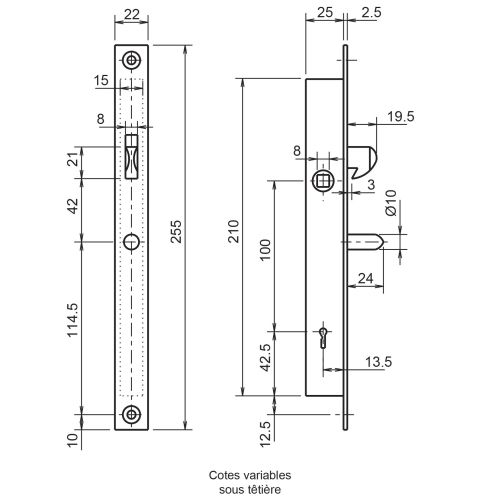 Serrure monopoint à larder profil étroit à mentonnet clé à gorges Série 25 largeur 25mm avec gâche - METALUX - F125250010 pas cher Secondaire 1 L