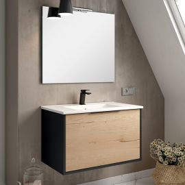 Meuble de salle de bain 80cm simple vasque 1 façade et 2 tiroirs ALBA noir/roble - COSYNEO - DUOXALBA801FNOIROBBLA pas cher Principale M