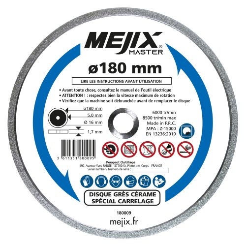 Disque diamanté grès cérame pour coupe carrelage CCE 180-ASP MEJIX 180009 photo du produit