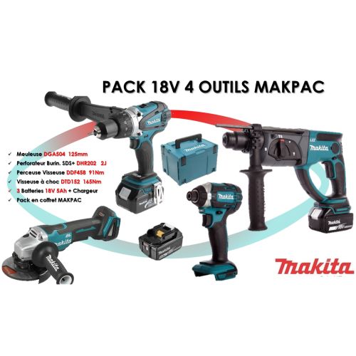 Pack de 4 outils 18V (DDF458/DTD152/DHR202/DGA504) + 3 batteries 5 Ah +  chargeur en coffret MAKPAC - MAKITA