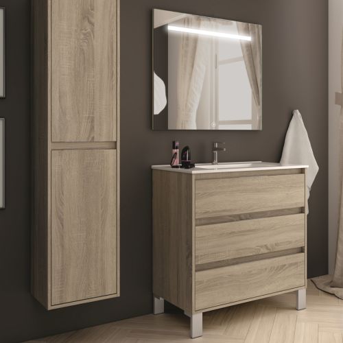 Meuble de salle de bain simple vasque 3 tiroirs TIRIS 3C et miroir Led STAM cambrian (ch&ecirc;ne) 100cm - COSYNEO - SIRTIRIS100STAMCAM pas cher