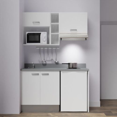 Kitchenette K13L 140cm emplacement frigo, hotte et micro-ondes blanc/cromo (gris) évier à gauche - CUISIBANE - K13B-P140CR-G pas cher