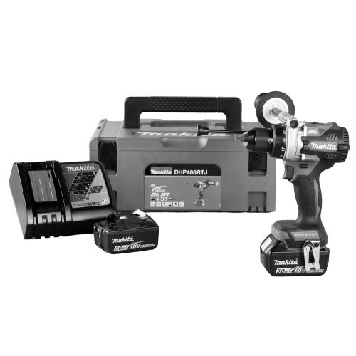 Perceuse visseuse à percussion 18V LXT + 2 batteries 5Ah + chargeur rapide + coffret MAKPAC - MAKITA - DHP486RTJ pas cher