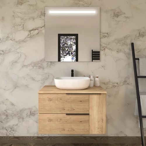 Meuble de salle de bain KING 80cm avec avec vasque Zeus - 2 tiroirs et un placard et miroir Led STAM roble - COSYNEO - REICENTREKING80STAMZ pas cher