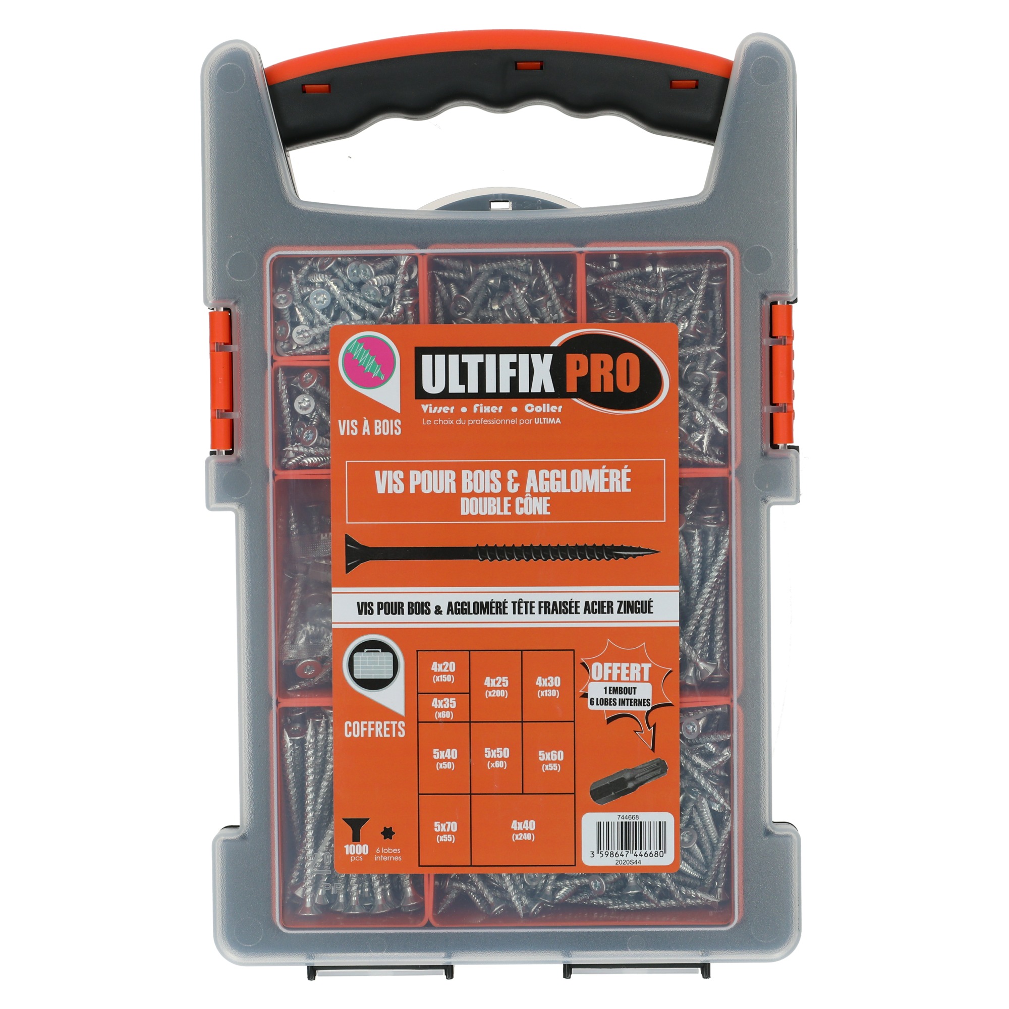 ULTIMA VISSER FIXER COLLER Coffret de 1000 vis agglomérées à tête fraisée zinguée 6 lobes internes ULTIMA GRAPPACK02