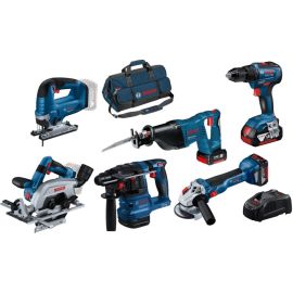 Kit 6 outils 18V Bosch (GSR55/GBH22/GWS10/GSA18/GST18/GKS57) + 3 batteries 4 Ah + chargeur photo du produit Principale M