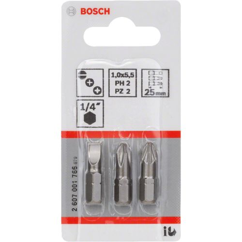 Assortiment de 3 embouts de vissage courts qualit&eacute; extra-dure PH2 - PZ2 - S1x5,5 L 25mm - BOSCH - 2607001766 pas cher Secondaire 1 L