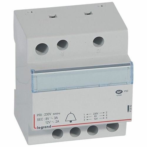 Transformateur pour sonnerie 230 V vers 12V ou 8V 24 VA 4 modules LEGRAND 413092 photo du produit Principale L
