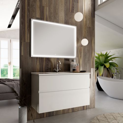 Meuble de salle de bain simple vasque 2 tiroirs MIG et miroir Led VELDI blanc 100cm - COSYNEO - NIZMIG100VELDIBLA pas cher