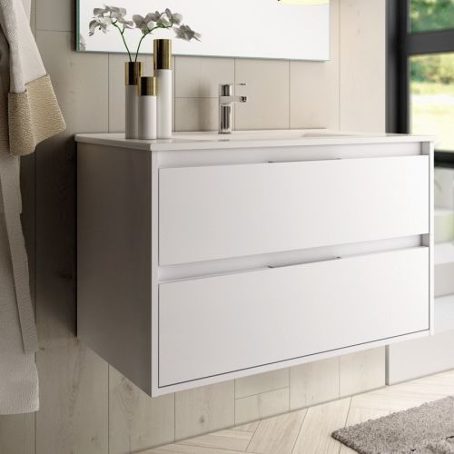 Meuble de salle de bain 100cm simple vasque 3 tiroirs sans miroir IRIS blanc - COSYNEO - SIRIRIS100BLAB pas cher
