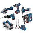 Pack 18V 6 outils (GSR60/GBH21/GWS7/GKS57/GST18/GSA18) + 4x4.0Ah + Diable BOSCH photo du produit