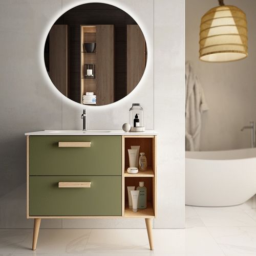 Meuble de salle de bain vasque déportée 2 tiroirs MALIA et miroir rond Led SOLEN vert olive 80 cm COSYNEO - MALMALIA80SOLENOLI photo du produit