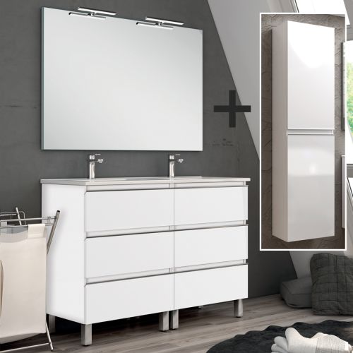 Ensemble meuble de salle de bain 120cm double vasque + colonne de rangement PALMA blanc - COSYNEO - ING3CPALMA120COLBLA pas cher