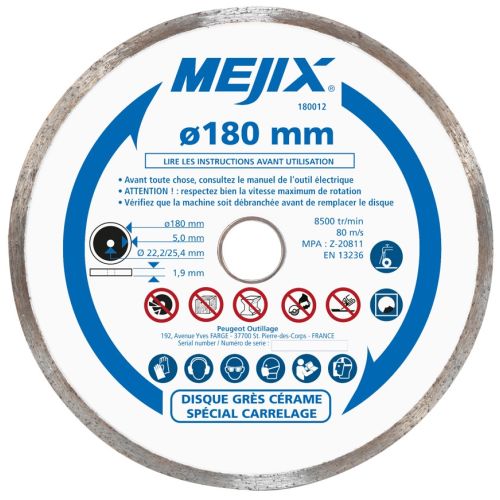 Disque grès cérame D180 mm avec bague de réduction 25,4/22,2 mm MEJIX 180012 photo du produit