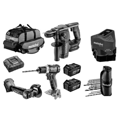 Pack 4 machines (BS1LBLQ/BH18LTXBL16/CC18LTXBL/BLL2-15) avec 2 batteries 4.0 Ah chargeur -sac et accessoires - METABO pas cher