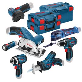 Pack 7 outils sans fil Bosch (GSR+GSA+GLI+GOP+GWS+GDR+GKS) 12 V + 3 batteries 2.0 Ah + L-BOXX photo du produit Principale M