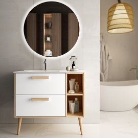 Meuble de salle de bain Cosynéo vasque déportée à 2 tiroirs MALIA et miroir rond Led SOLEN 80 cm photo du produit Principale M