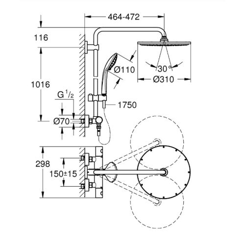 Colonne de douche EUPHORIA SYSTEM 310 avec mitigeur thermostatique - GROHE - 26075-000 pas cher Secondaire 1 L