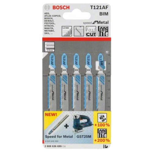 Pack de 5 lames de scie sauteuse T 121 AF Speed for Metal 92 mm BOSCH 2608636699 photo du produit Secondaire 1 L